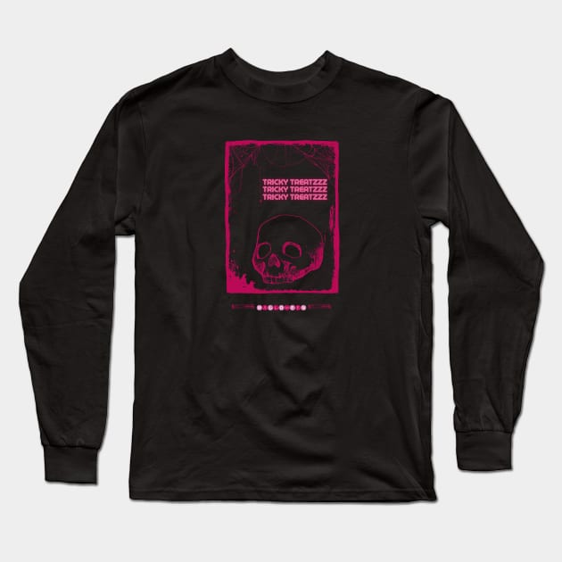 Halloween Neon Pink Skull Tricky Treatzzz Long Sleeve T-Shirt by Milochka